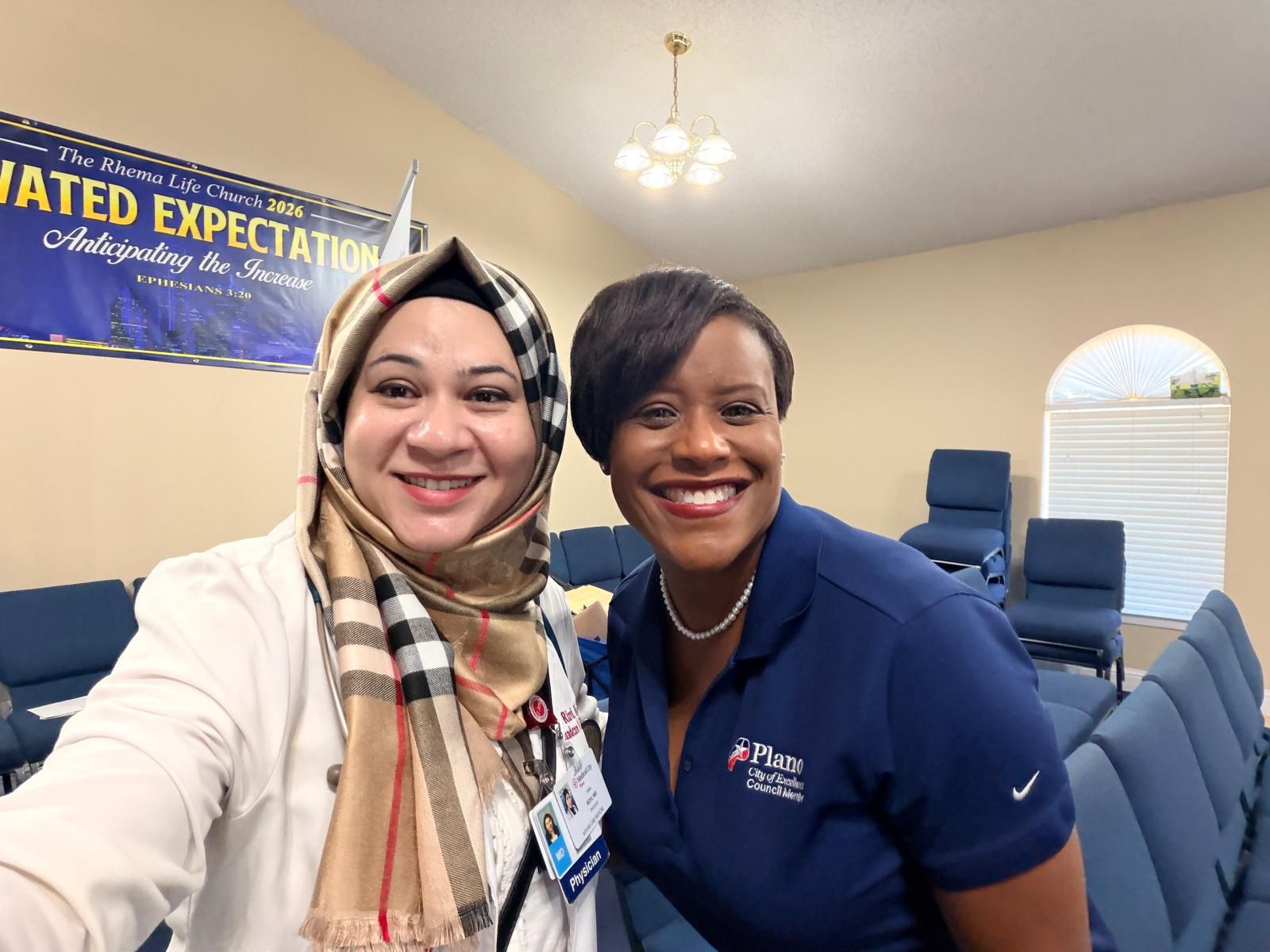 Dr. Rizvi with Plano City Council Member Dr. Shun Thomas at the September 19, 2026 free health fair at The Rhema Life Fellowship Church