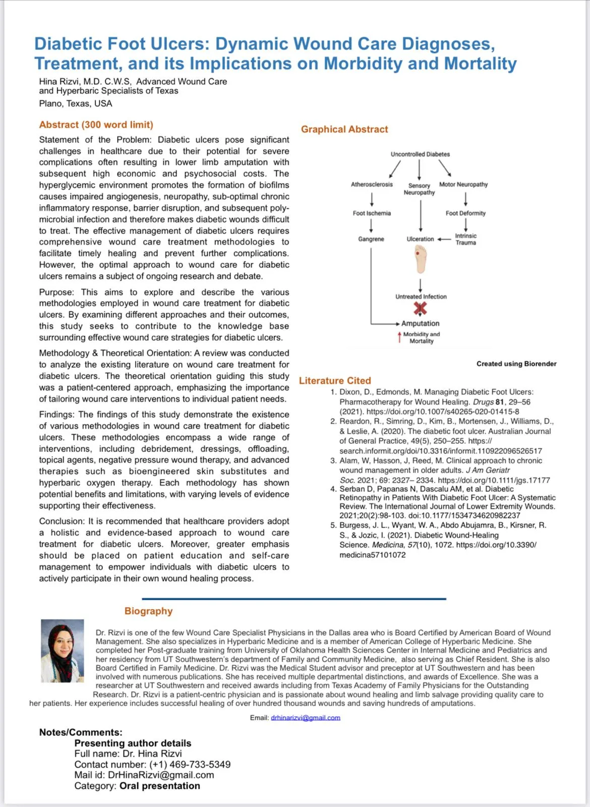 Published research by Dr. Hina Rizvi: Diabetic Foot Ulcers, Dynamic Wound Care Diagnoses, Treatment, and its Implications on Morbidity and Mortality