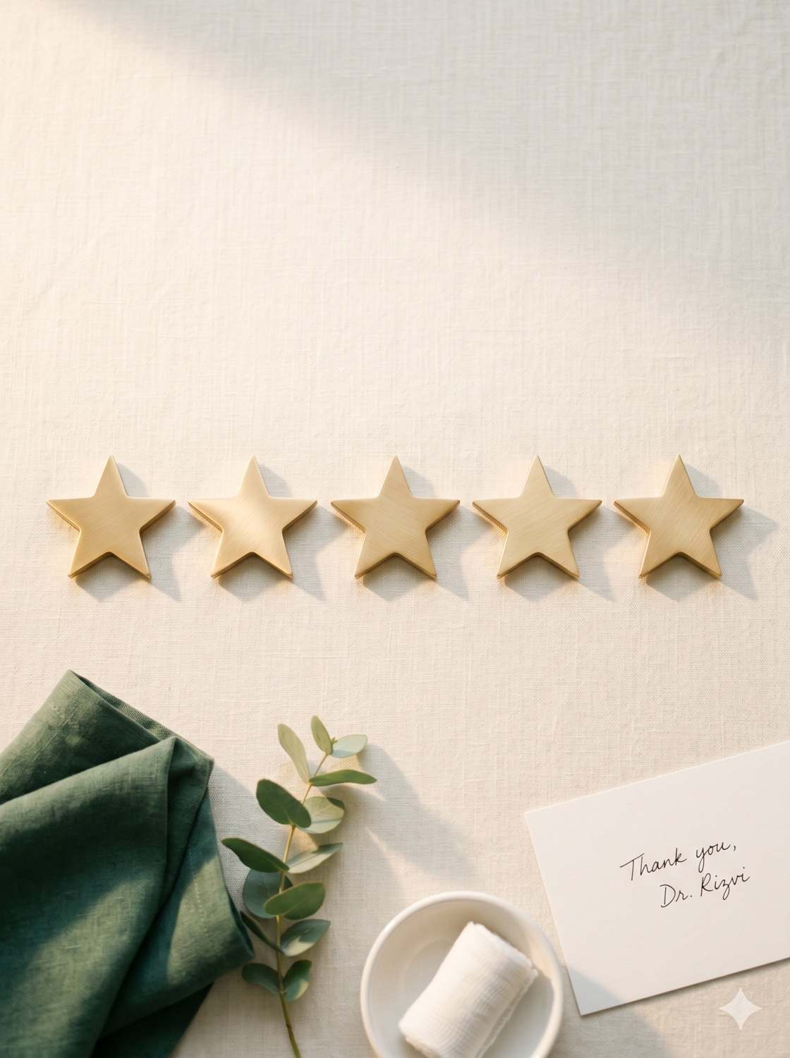 Five brushed gold stars in a row on cream linen, beside a sage napkin, eucalyptus sprig, rolled gauze, and a handwritten thank-you note to Dr. Rizvi.