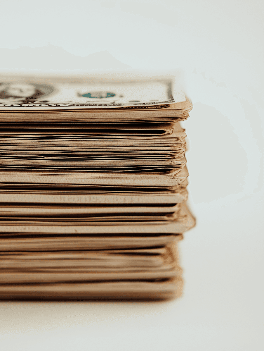 A tall stack of folded U.S. dollar bills, representing the savings from avoiding a hospital facility fee.