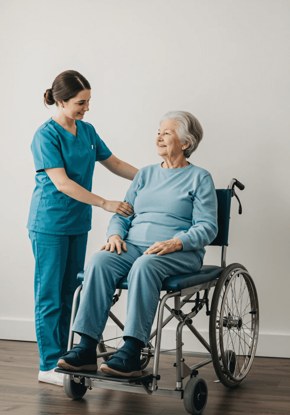 A clinician resting a reassuring hand on an elderly patient in a wheelchair, both smiling.